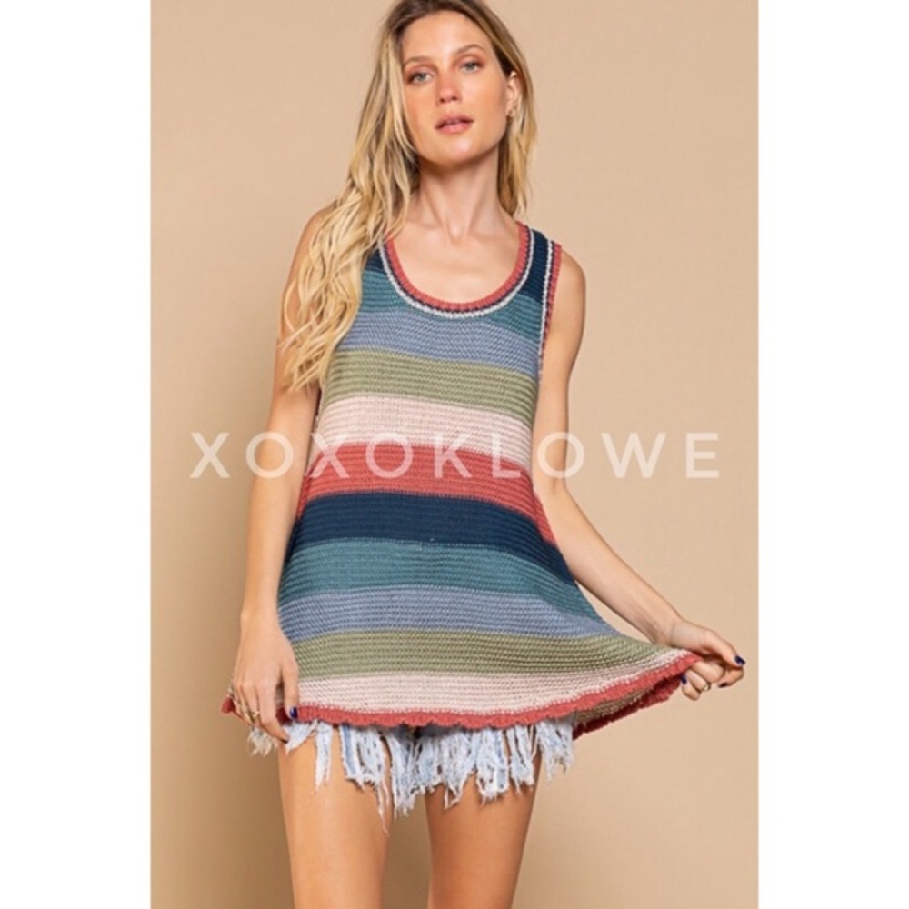 POL Striped Sleeveless Sweater Top Color Block Relaxed Fit